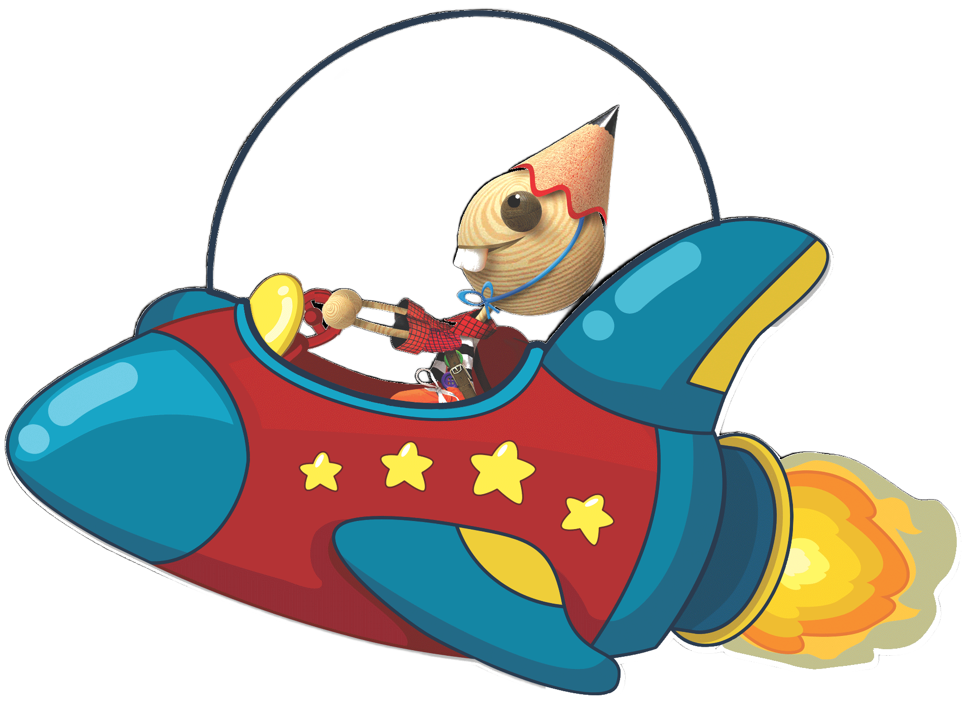DOMMY the DOMS mascot piloting a rocket
